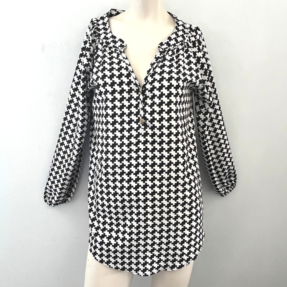 Mud Pie Houndstooth Blouse Womens Size S Long Sleeve Professional Career Casual